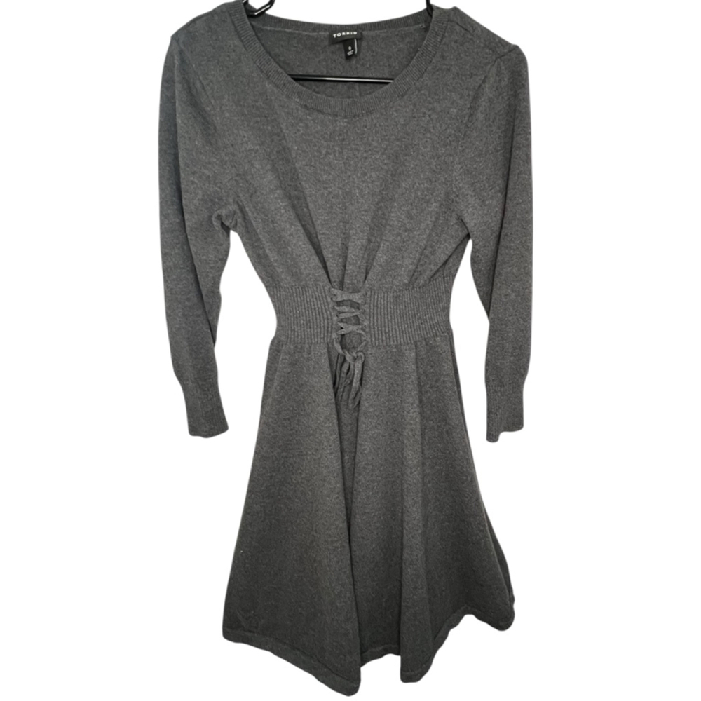 Torrid Grey Long Sleeve A-Line Sweater Dress With Lace Up Waist